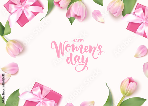 Happy Womens Day. 8 March design template. Calligraphic lettering text with decorative gift box and tulip flowers. Flat lay. Vector stock illustration	