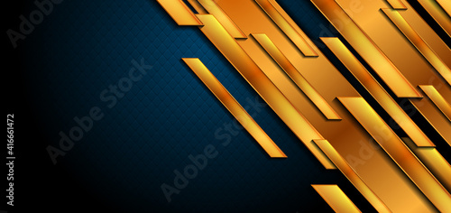 Dark blue and shiny golden abstract tech geometric background. Vector illustration