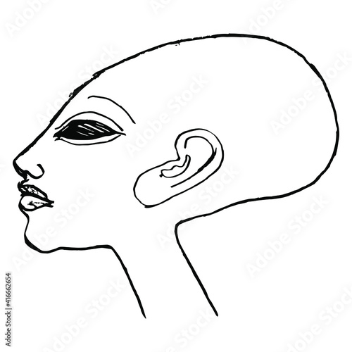 Head of bald ancient Egyptian princess in profile. Daughter of pharaoh Akhenaten. Amarna style. Hand drawn linear rough sketch. Black silhouette on white background.