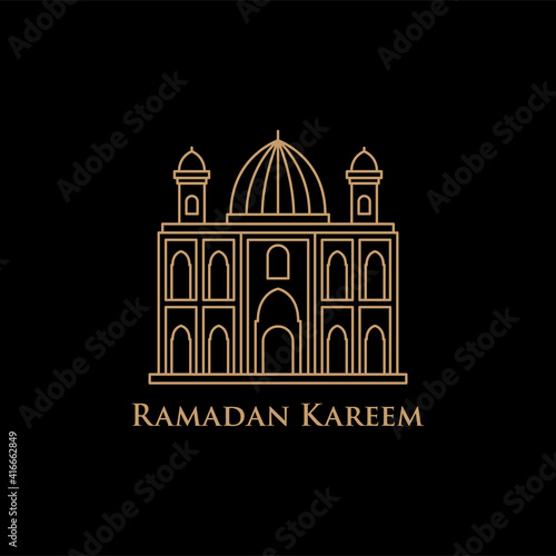 mosque ramadan, monoline style design concept in gold color isolated on black background