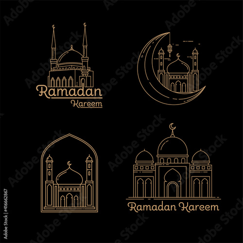 Ramadan mosque collection gold color. Monoline style design concept isolated on dark background