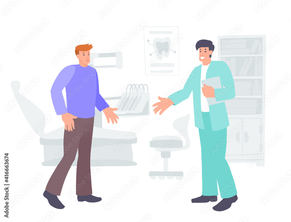 Dentist welcomes young man patient into the dental clinic. Dentist welcomes young man patient into the dental clinic.