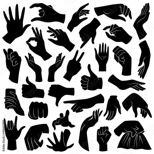 Human hand gestures - collection of black, flat, vector icons.