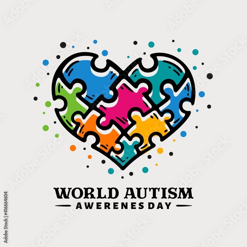 Doodle hand drawn world autism awareness day illustration with puzzle pieces in love, heart shape