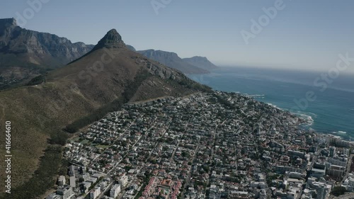 Aerial view of CBD of Cape Town, Western Cape, South Africa, with City bowl, Zonnebloem, Gardens, Oranjezicht, Central Business District, Victoria and Alfred Waterfront and Table Mountain by drone photo