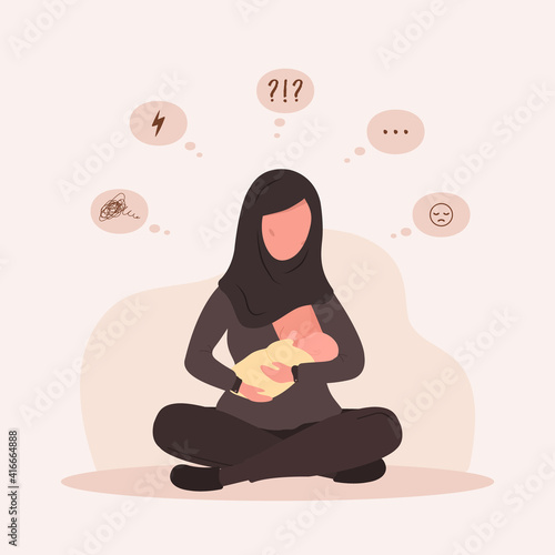 Breastfeeding problems and questions. Postpartum depression. Arab woman holding newborn baby. Young mother needs psychological help. The lactation consultant. Vector illustration in cartoon style.