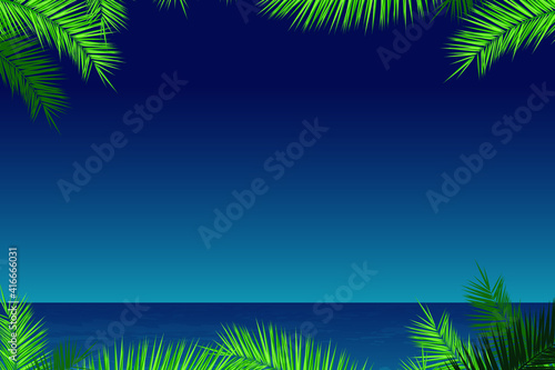 Beautiful night in beach with palm leaf frame
