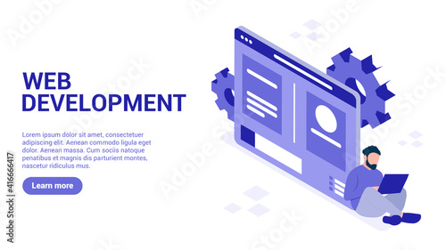 Web development concept. landing page or web banner template.A man with a laptop creates a web page. 3d illustration in isometric style. 