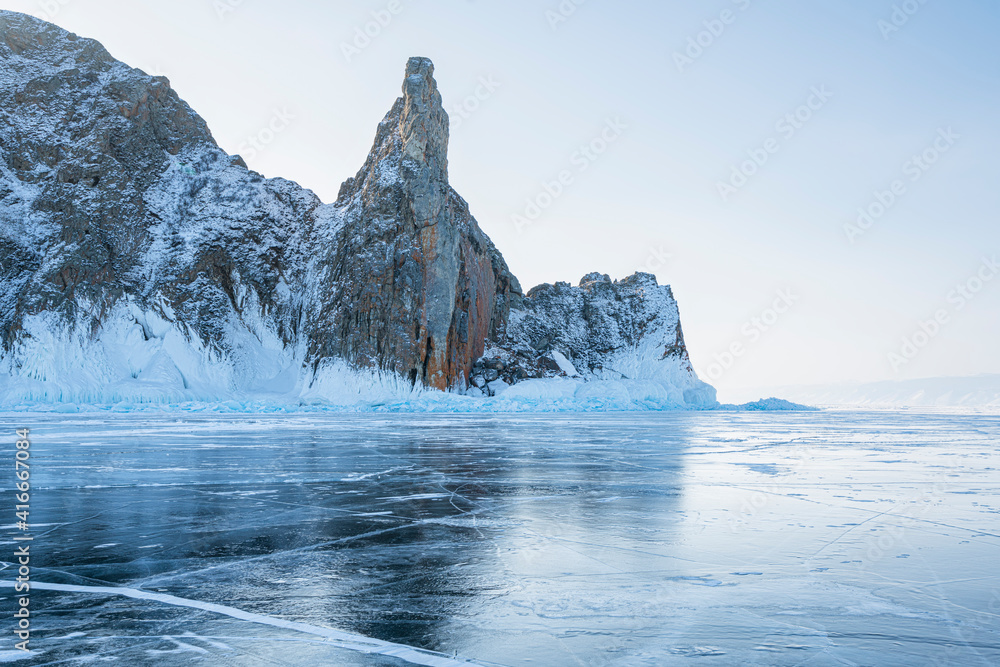 Baikal Lake. The famous natural landmark Deva Rock (Virgin Rock) at Cape Khoboy