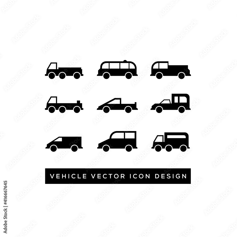 Car and Motorcycle type icons set. Variants of the model automobile and motor body silhouette for the web with the title. Vector black illustration isolated on white background.