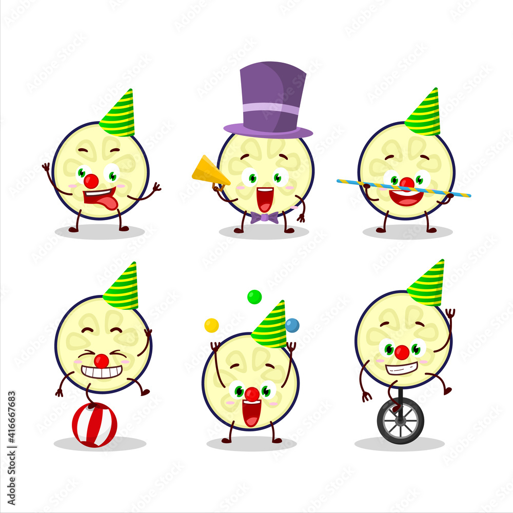 Cartoon character of slice of eggplant with various circus shows Cartoon character of slice of eggplant with various circus shows
