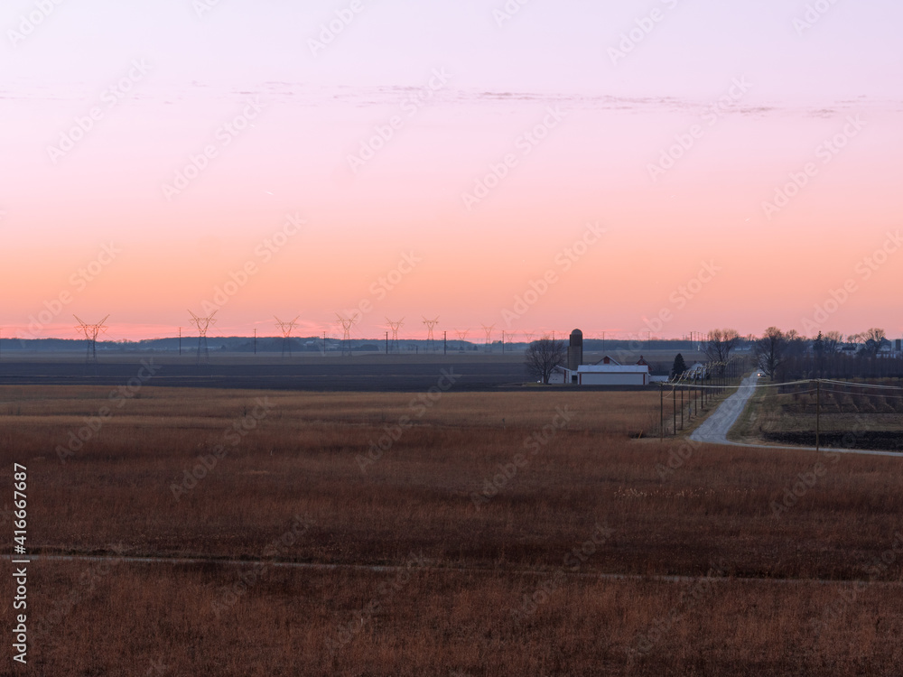 prairie forest preserve at sunset