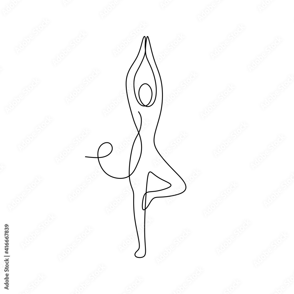 continuous line drawing of man standing in yoga pose with arms above