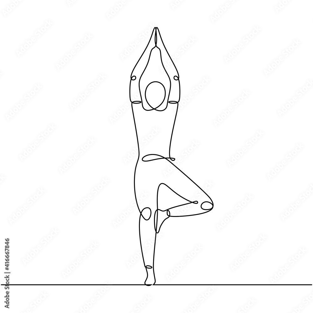 continuous line drawing of man standing in yoga pose with arms above