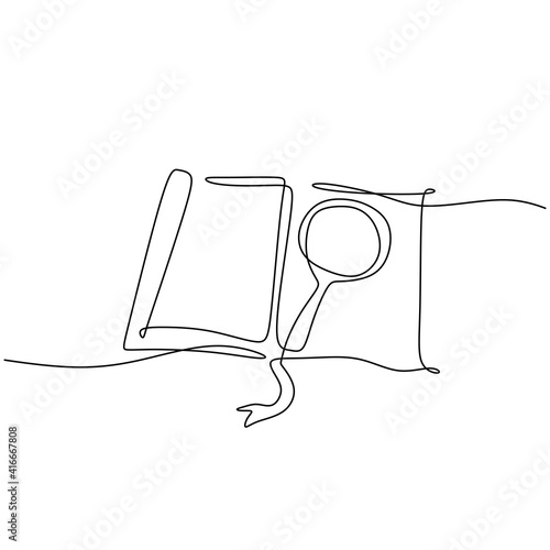 One continuous line of a magnifying glass above an open book. Zoom in and discovery concept.