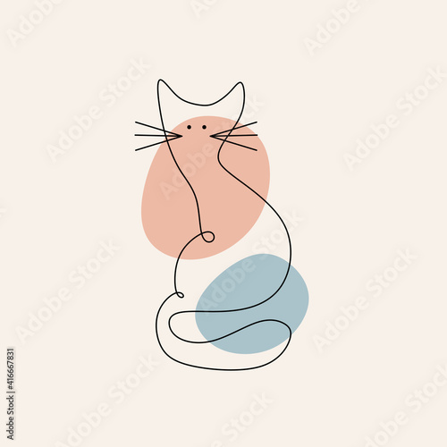 Continuous one line drawing of abstract Cat in blue and pink color. Minimalist cats in abstract hand drawn style, minimalist one line drawing.