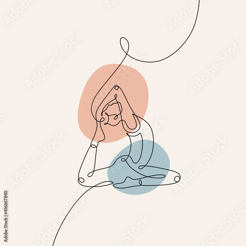 continuous line drawing of women fitness yoga concept. Woman doing yoga with hand holding her leg with blue and pink color.