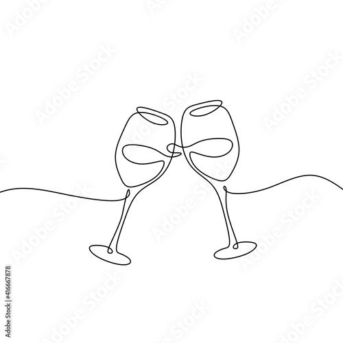 Continuous one line drawing of two wine glasses cheering for celeberation moments isolated on white background.