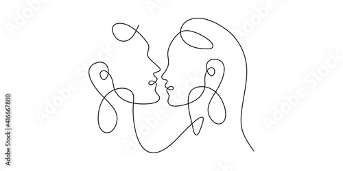 One continuous single drawn line art Kissing love, couple, kiss, man, woman, lover, face . Isolated image hand drawn outline white background.