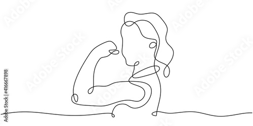 one continuous line drawing of woman athlete showing her biceps muscle isolated on white background.