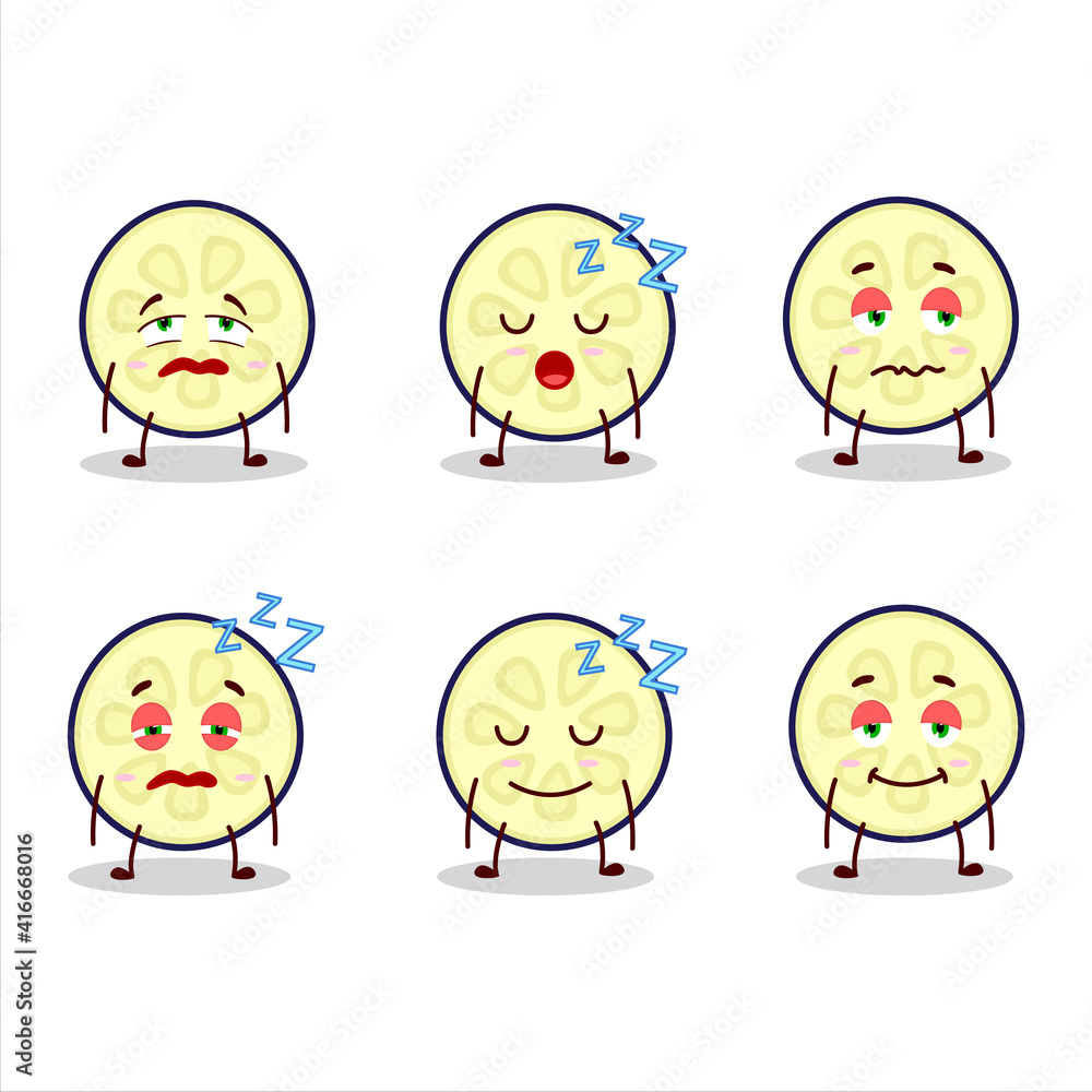 Cartoon character of slice of eggplant with sleepy expression Cartoon character of slice of eggplant with sleepy expression