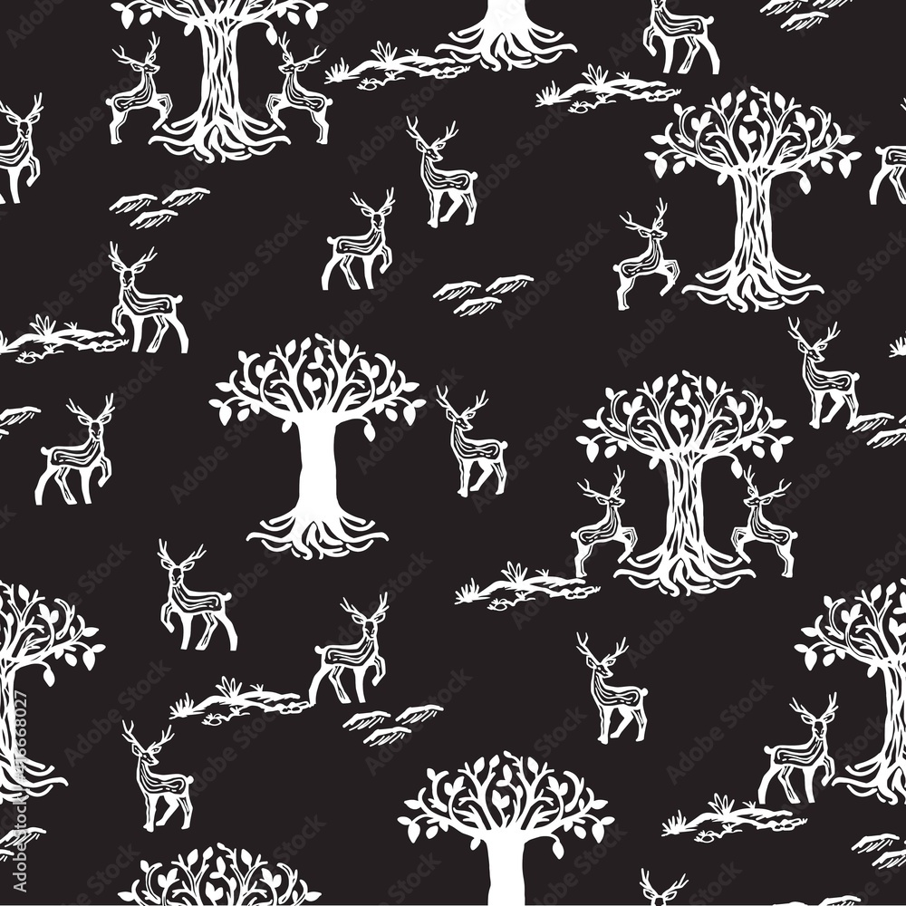 Deer Herd in the Night Forest Vector Illustration Seamless Pattern