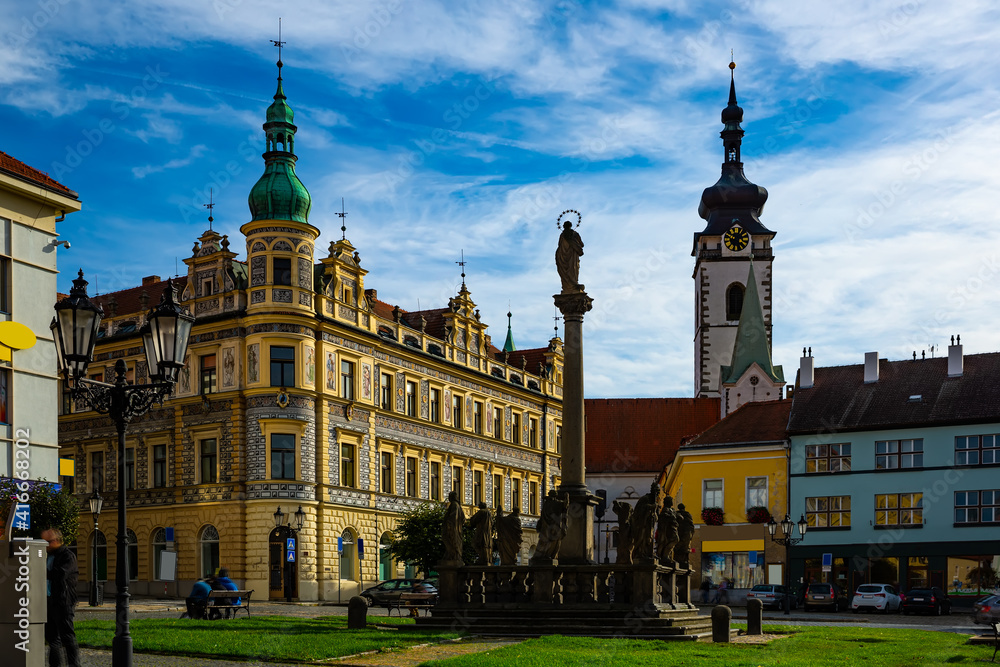 Alsovo square with Marian column in Czech town of Pisek. High quality photo