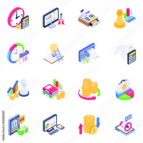 
Icons of Business, Finance and Banking in Isometric Design

