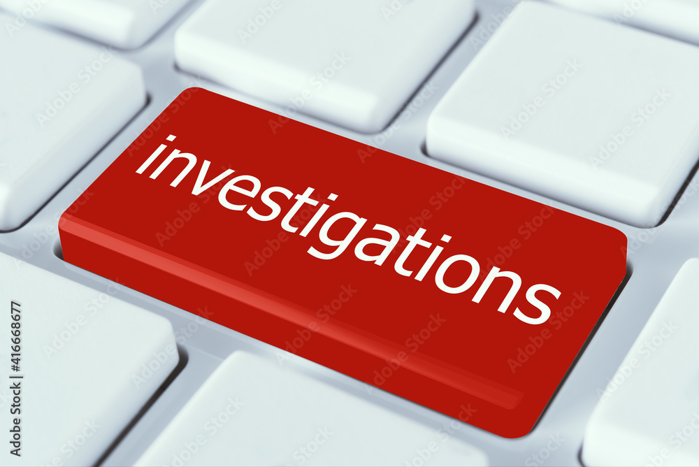 Fototapeta premium Red enter keypad on a modern computer keyboard. Keyboard with the words investigations. Business investigation Concept.