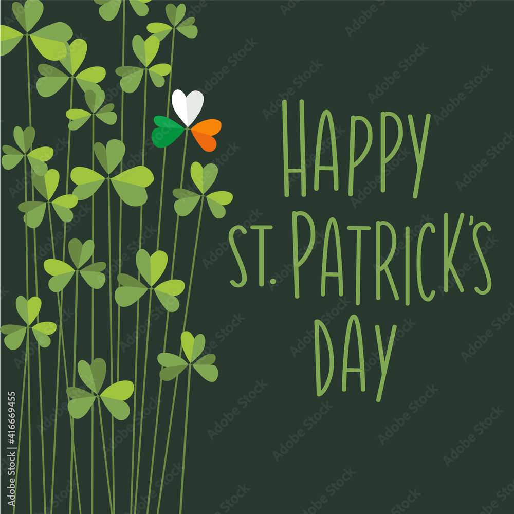 St. Patrick's Day template design with tall Shamrocks. One shamrock with flag colors of Ireland. Space for text. Vector design for banners, social media, party posters, greeting cards, and flyers.