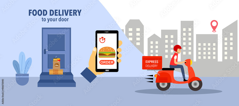 Online food order and food delivery to your door service. Uber eat, grab food, fast food design for landing page, web, poster, flyer. Ready meal logistic with city skyline background.
