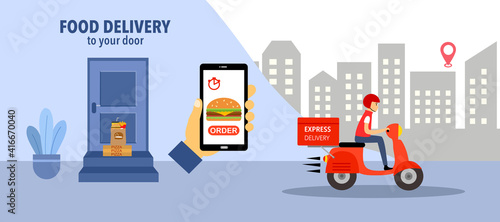 Online food order and food delivery to your door service. Uber eat, grab food, fast food design for landing page, web, poster, flyer. Ready meal logistic with city skyline background.
