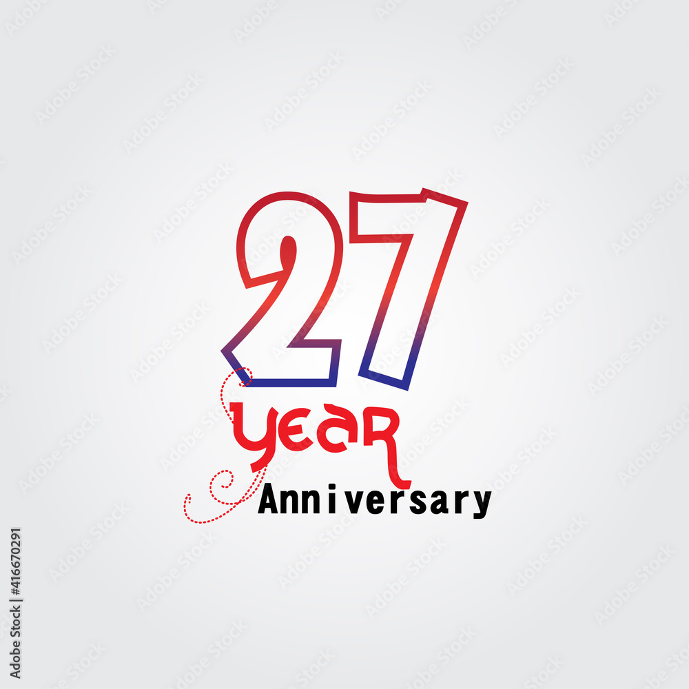 27 years anniversary celebration logotype. anniversary logo with red and blue color isolated on gray background, vector design for celebration, invitation card, and greeting card