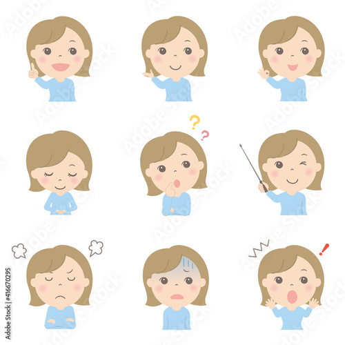 女性の上半身イラストセット（若い女性）