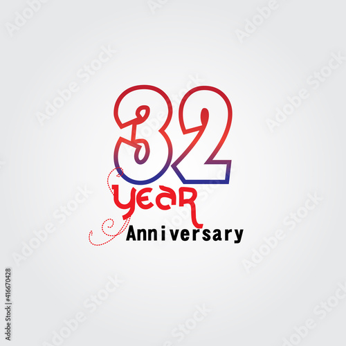 32 years anniversary celebration logotype. anniversary logo with red and blue color isolated on gray background, vector design for celebration, invitation card, and greeting card