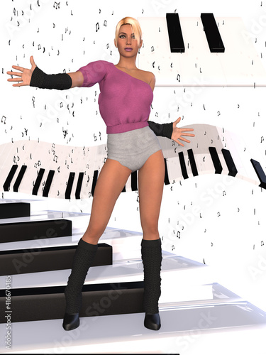 3d illustration of an young woman dancing on a keyboard