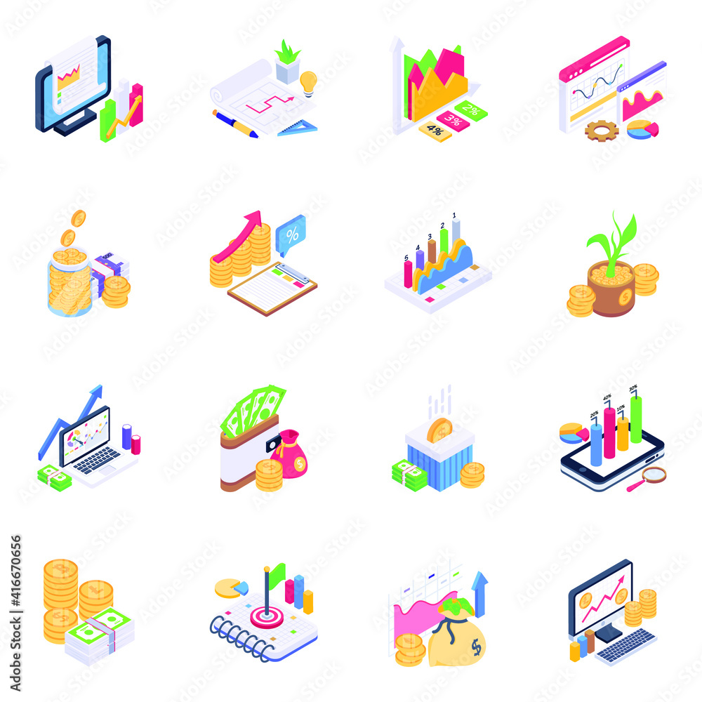 
Icons of Data Charts in Isometric Design

