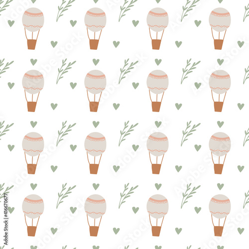 Air balloon and branches seamless pattern