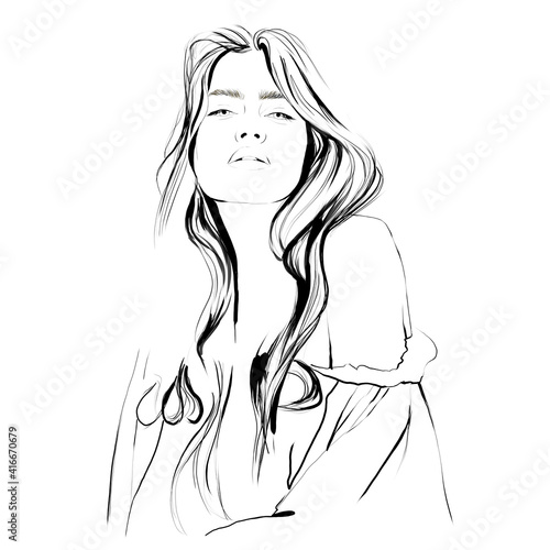 Line portrait of young girl with long hair. Sketch art. Hand drawn illustration