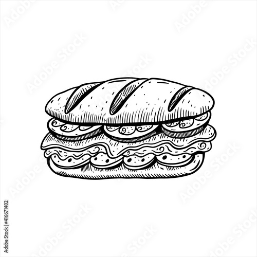 Sandwich hand drawn sketch. Black color vintage style.