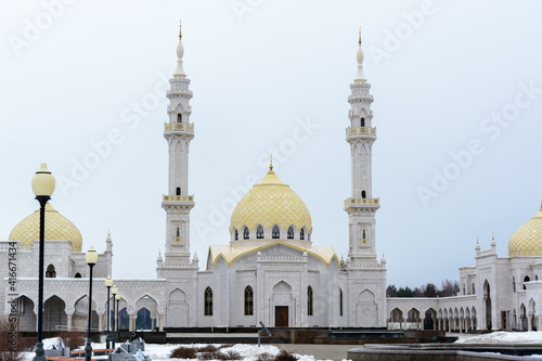 Bulgarian settlement. White Muslim mosque of the Bulgarians on a cloudy spring day in Bolgar.