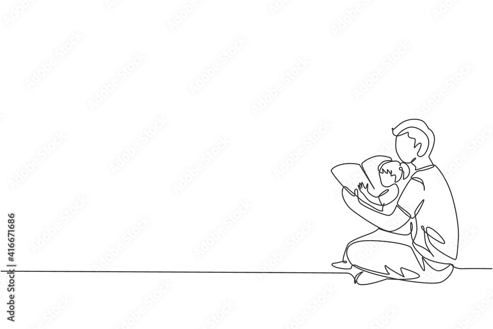 One continuous line drawing of young dad sitting on floor and reading story book to his daughter at home. Happy family parenthood concept. Dynamic single line graphic draw design vector illustration