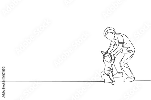 One continuous line drawing of young father teaching his son learning lead walk at home. Happy family parenthood concept. Dynamic single line draw graphic design vector illustration