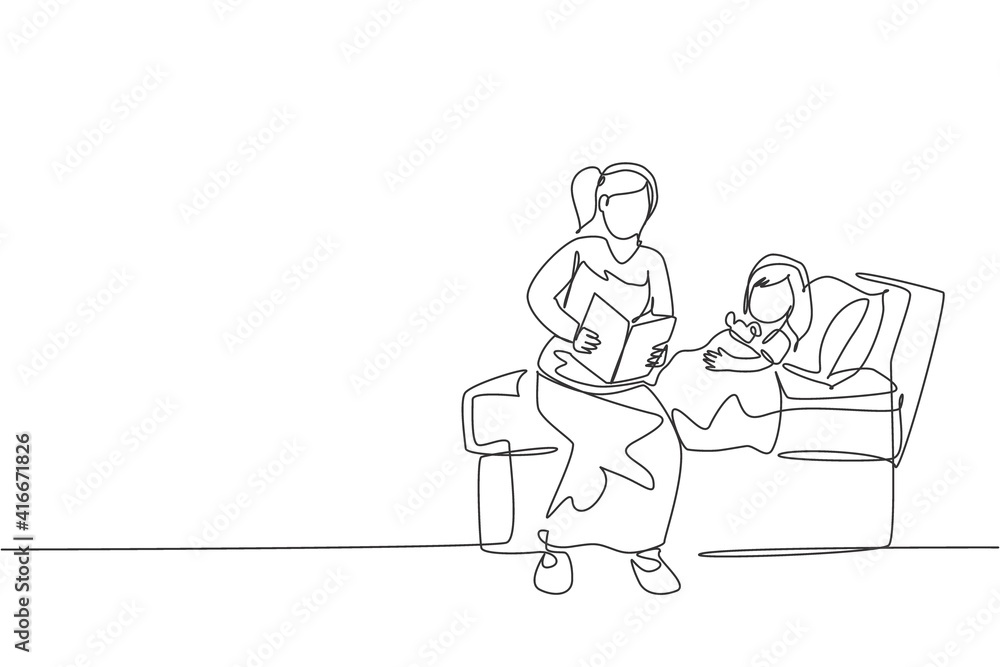 One continuous line drawing of young mom siting on bed room and reading story book to her daughter before sleeping. Happy family parenthood concept. Dynamic single line draw design vector illustration One continuous line drawing of young mom siting on bed room and reading story book to her daughter before sleeping. Happy family parenthood concept. Dynamic single line draw design vector illustration