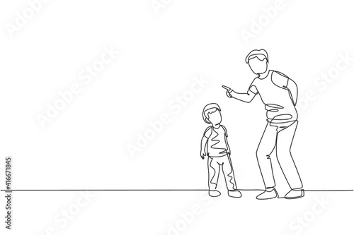 One continuous line drawing of young father giving talk some good advice to his son at home. Communication concept. Happy family parenthood. Dynamic single line draw graphic design vector illustration