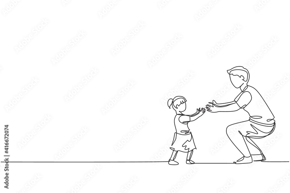 One continuous line drawing of young dad ready to hug daughter who learned to walk towards him at home. Happy family parenthood concept. Dynamic single line draw design vector graphic illustration