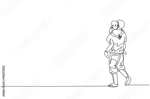 One single line drawing of young father carrying his sleepy tired daughter go to the bed room vector graphic illustration. Happy family parenting concept. Modern continuous line draw design