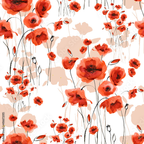 Abstract floral seamless pattern painted by brush field poppies © Irina Chekmareva