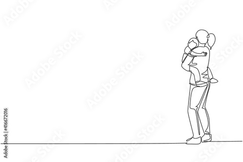 Single continuous line drawing young mom carrying her sleepy tired son go to the bed room at home, happy parenting. Family loving care concept. Trendy one line draw design vector graphic illustration