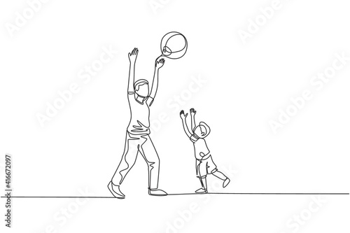One continuous line drawing of young father playing throw beach ball with his son at home. Happy family parenthood concept. Dynamic single line draw graphic design vector illustration